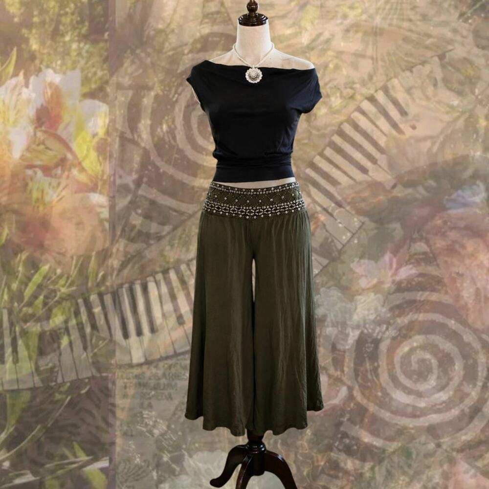 Y2K Beaded Gaucho Pants Olive Green Whimsigoth Fairy Grunge L